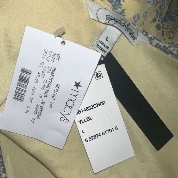 Speechless Juniors Yellow & Blue Floral-Print Puff-Sleeve Dress Large NWT - Picture 9 of 11